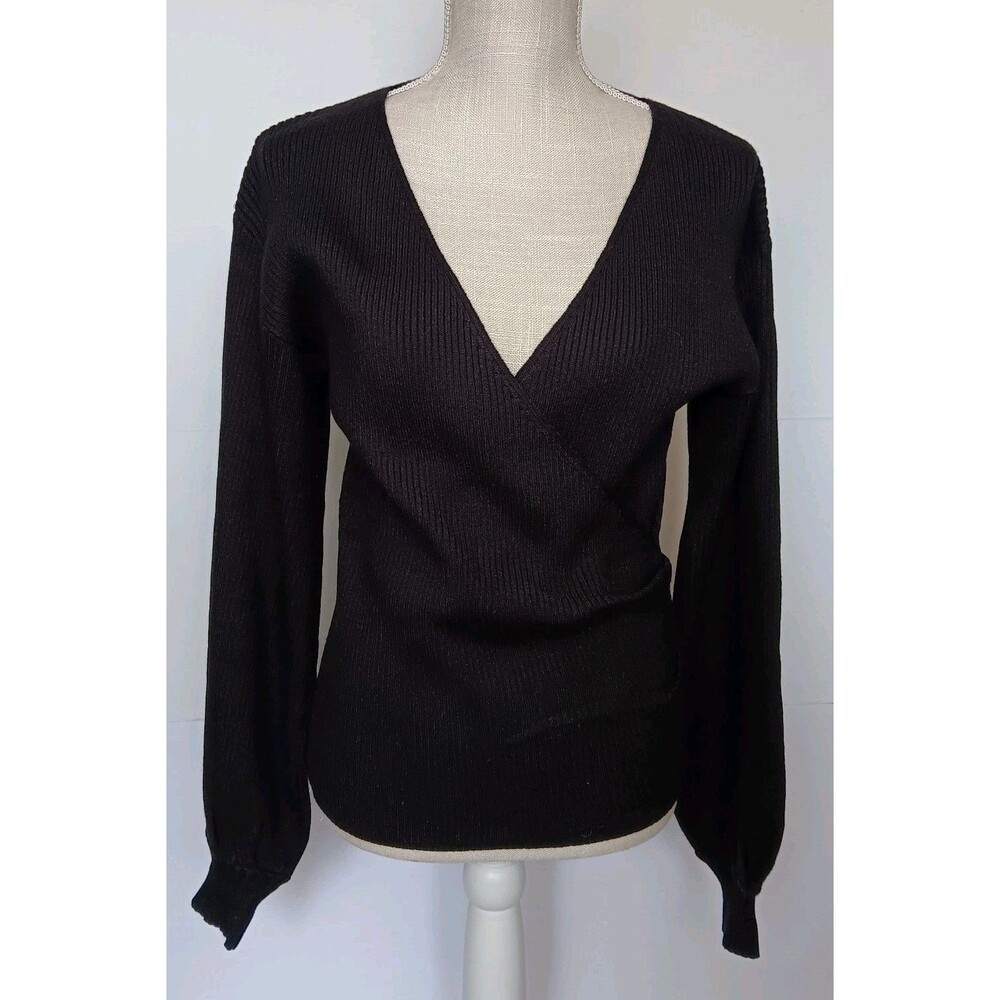 Black Faux Wrap Ribbed Knit Sweater with Bishop Sleeves  Size M - Lime Lush